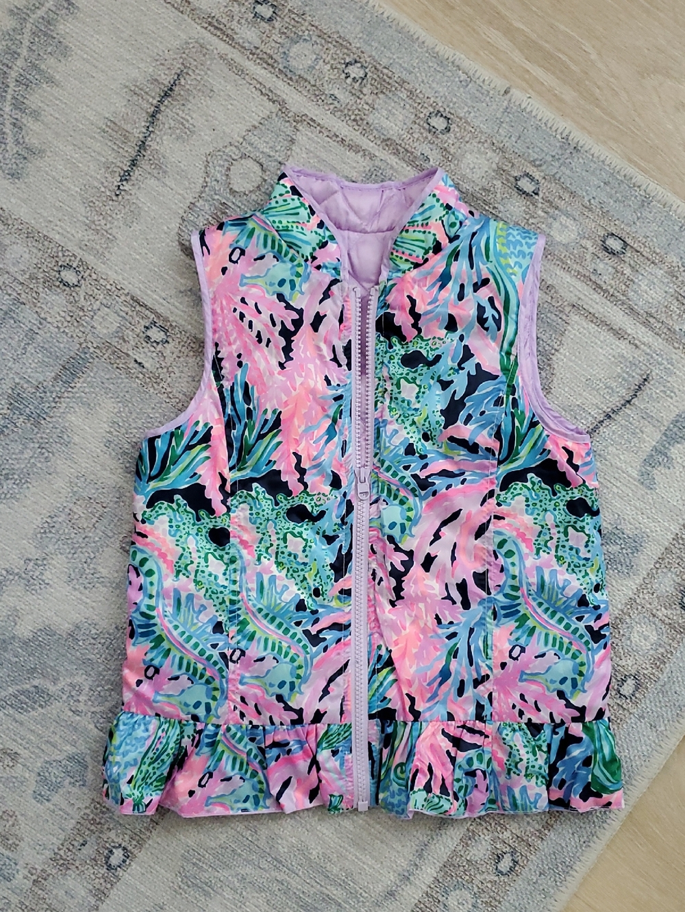 Lilly Pulitzer Girls Melanie Reversible Lavender Zip Up Ruffle Vest SzM